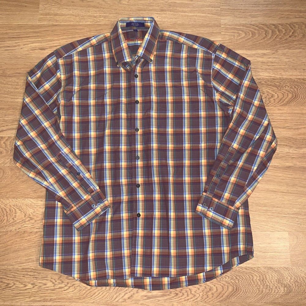 ALAN FLUSSER Mens Shirt~Multi Color Plaid~Long Sleeve~Button‎ Down~Size Large